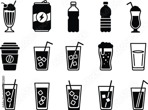 Black silhouette icon set of various beverages including soda can, water bottle, iced coffee, milkshake, beer glass, and refreshing drinks isolated on white background.Black silhouette icon set of 