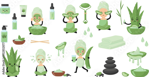 Aloe vera spa treatment set with cute cartoon characters skincare routine natural cosmetic ingredients wellness and beauty vector illustration collection