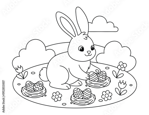 Quadro su tela Easter coloring page shows a cute bunny arranging decorated eggs in small nests
