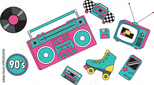90s retro nostalgia vector set with boombox roller skate cassette tape and vintage gaming console in bright neon colors isolated on white