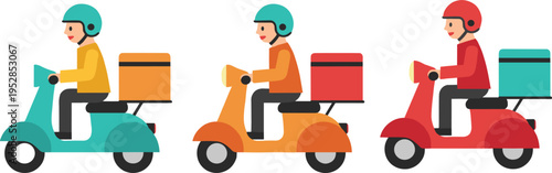 Delivery man on scooter vector set with courier riding motorbike and shipping box for food delivery and express logistics service