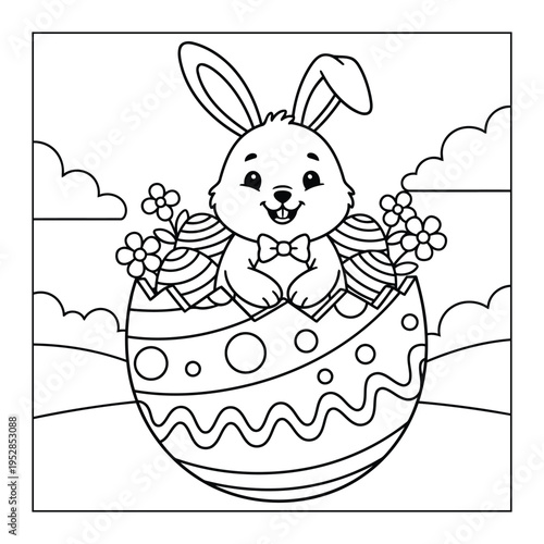 Easter coloring page shows a happy rabbit sitting inside a large decorated cracked eggshell