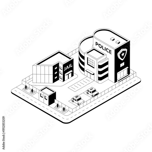 Isometric illustration showing a police station