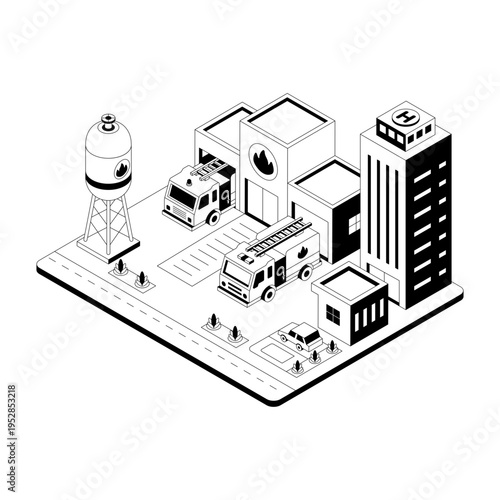 An isometric style illustration showing a fire station