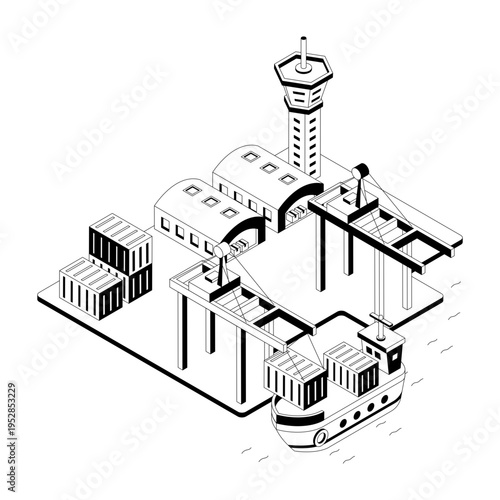 An isometric illustration of a seaport