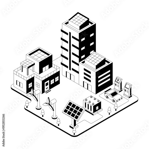 An isometric illustration of a sustainable city