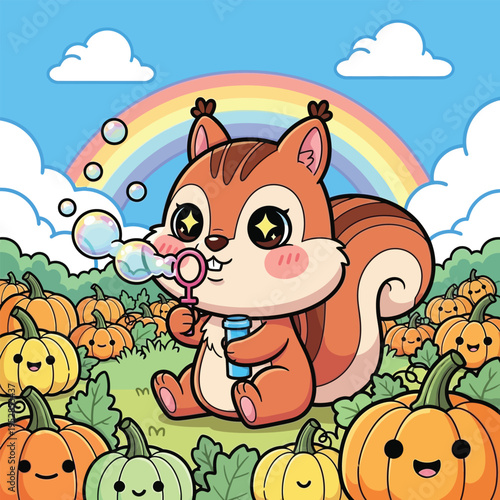Cute cartoon squirrel blowing bubbles happily.