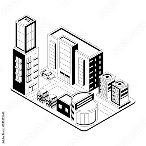 An isometric illustration of a hotel