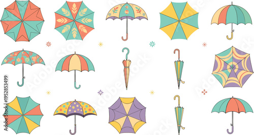 Colorful umbrellas collection in different patterns and shapes cute cartoon rainy season elements vector illustration set isolated