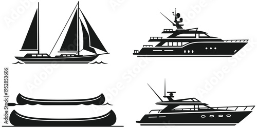 Boat silhouette illustration set, sailboat yacht design, canoe motif artwork, watercraft decorative symbol, marine vessel motif, nautical artwork, black vector drawing