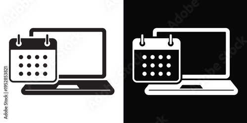Vector icon of a laptop computer with a calendar symbol. Professional design for online booking, event scheduling, project deadlines, and digital time management concepts.