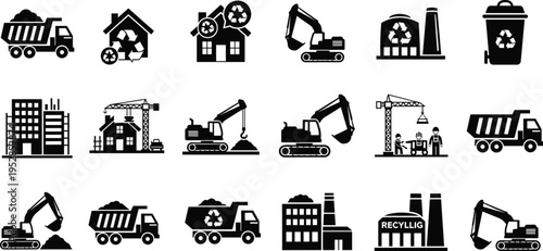 Construction and recycling icon set featuring excavators dump trucks cranes factories and waste management symbols for industrial sustainability green building and environmental site development 