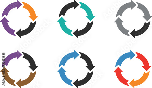 Vector circular arrow diagrams set with 4 step process cycles in multiple colors for business infographics and workflow management