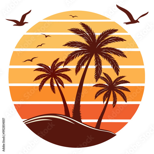 Three palm trees silhouetted against a striped sunset on a small island with flying birds illustration for tropical summer design