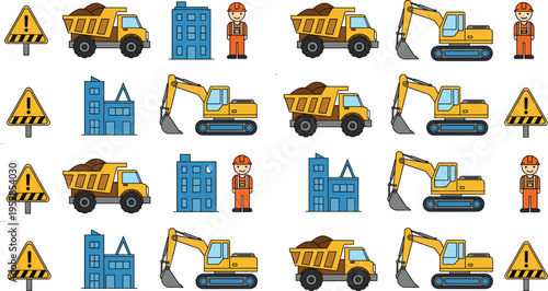 Construction site pattern set with cartoon excavators, dump trucks, workers, buildings, and warning signs isolated on white background for kids wallpaper and educational design.