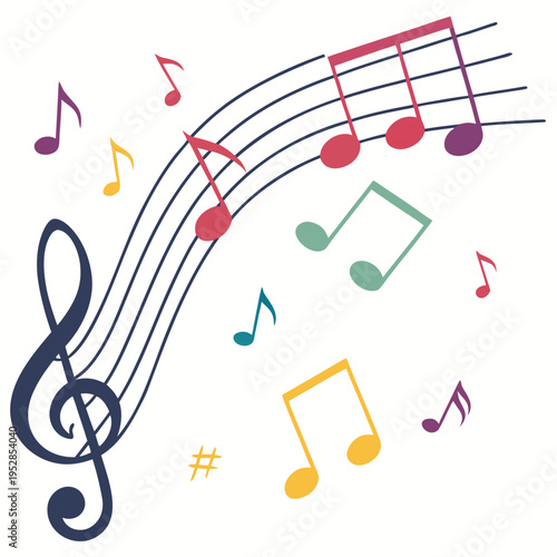Dark blue treble clef with vibrant multi colored musical symbols and sharp sign drifting across wavy staff lines for artistic audio compositions