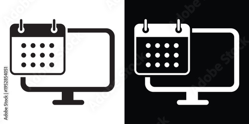 Vector icon of a laptop computer with a calendar symbol. Professional design for online booking, event scheduling, project deadlines, and digital time management concepts.