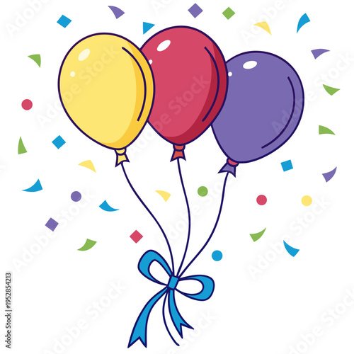 Three colorful balloons with blue ribbon and scattered confetti for festive occasion and celebration
