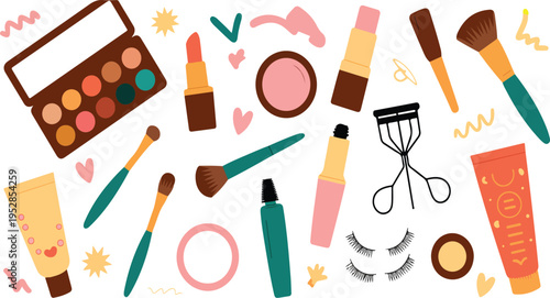 Women cosmetic products beauty set including mascara, lipstick, eyeshadow, brush, concealer, lip gloss, and sponge in trendy hand-drawn doodle style