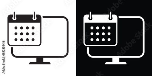 Vector icon of a laptop computer with a calendar symbol. Professional design for online booking, event scheduling, project deadlines, and digital time management concepts.