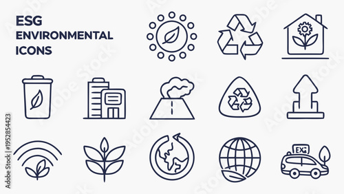 ESG environmental icons representing sustainability, recycling, green energy, nature conservation, clean industry, global responsibility, eco living