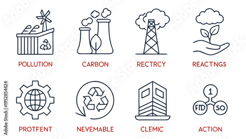 Set of eight environmental pollution and conservation line art icons with text labels against a pristine white background