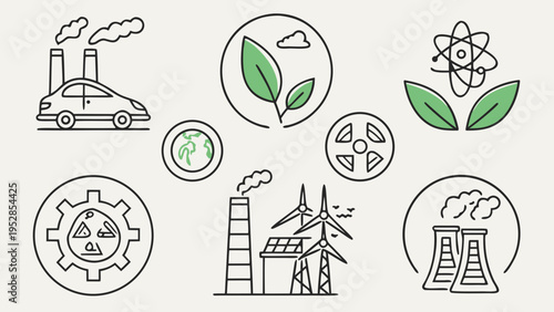Set of sustainability and environmental icons depicting industrial elements, green energy, and eco friendly concepts