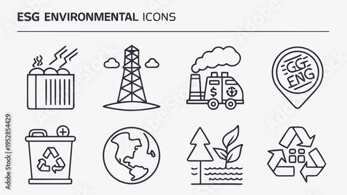 ESG environmental icons set of eight black and white line art illustrations representing various eco conscious concepts