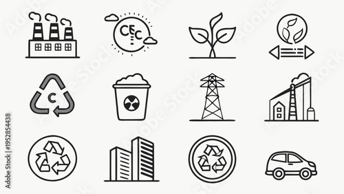 Set of black and white eco icons for industrial and energy related concepts, including factory, recycling, and green energy