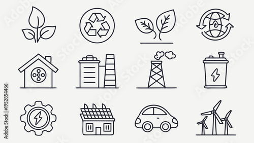 Collection of ecology and environment line art icons representing nature conservation renewable energy and sustainable living solutions