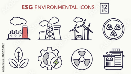 Set of environmental icons for ESG sustainability initiatives clean energy industry pollution renewable resources and green technology concepts