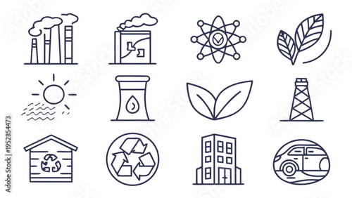 Set of clean energy and environmental icons including factories wind turbines solar panels and electric vehicles for eco sustainability