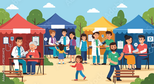 Community health fair with medical checkups and information booths.