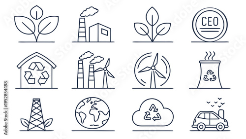 Collection of line art icons depicting environmental sustainability, industrial processes, and green energy solutions