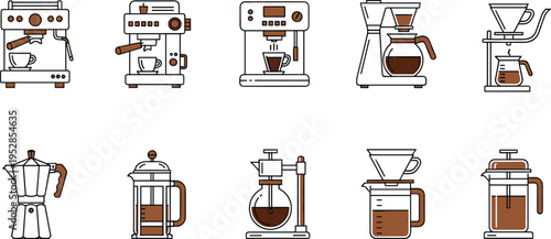 Flat line icon set of coffee brewing equipment featuring espresso machines, pour over, french press, moka pot, and syphon brewer isolated on white background.