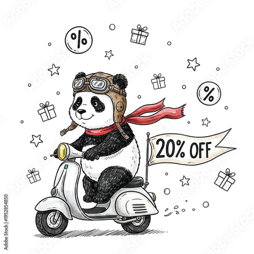 Panda in pilot helmet on scooter with '20% OFF' banner. Festive illustration featuring gift boxes and stars for captivating discount promotions and marketing campaigns
