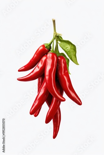 A bunch of red hot peppers hanging from a branch. This vibrant image can be used to add a touch of spice and color to various culinary or food-related designs.