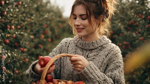 Close-up portrait of a smiling woman with red-brown hair in a chunky knit sweater, holding a red apple outdoors; warm golden-hour light and softly blurred background