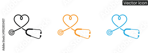 Vector icons of stethoscopes forming heart shapes in black, orange, and blue, symbolizing healthcare and love, on a clean white background.