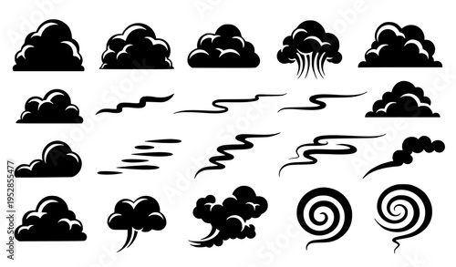 Black smoke cloud shapes vector set with puffy thin and spiral forms in solid silhouette style isolated on white