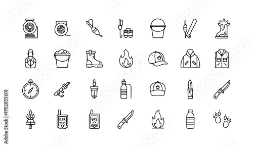 Minimal hunting and fishing outline icon set with 30 outdoor gear symbols in monoline style isolated on white