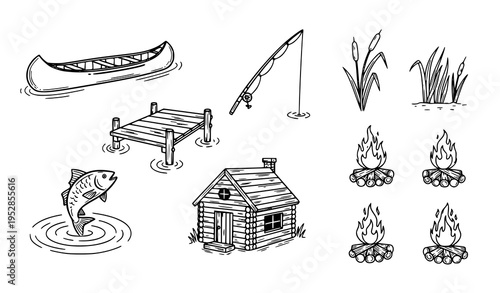 Lakeside camping doodle bundle with canoe dock fishing rod cabin and campfires in rustic navy sketch style isolated on white