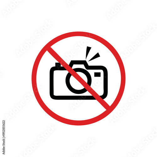 Red minimalist no flash photography sign, essential regulatory museum icon.