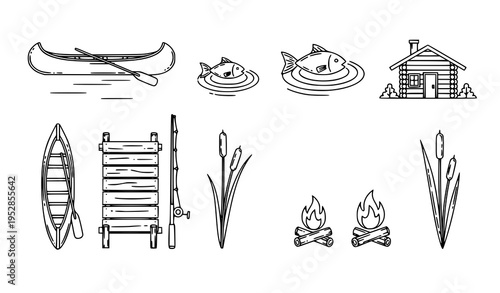 Minimal lakeside camping doodle icons with canoe dock fishing rod cabin and campfires in navy monoline style isolated on white
