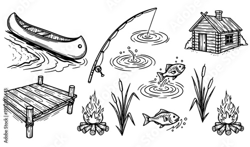 Rustic lakeside camping doodle scene with canoe dock fishing rod jumping fish cabin and campfires in navy sketch style
