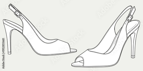 High heel slingback shoes illustration, fashion footwear design, stiletto motif artwork, peep-toe decorative symbol, apparel construction motif, stylish artwork, line drawing