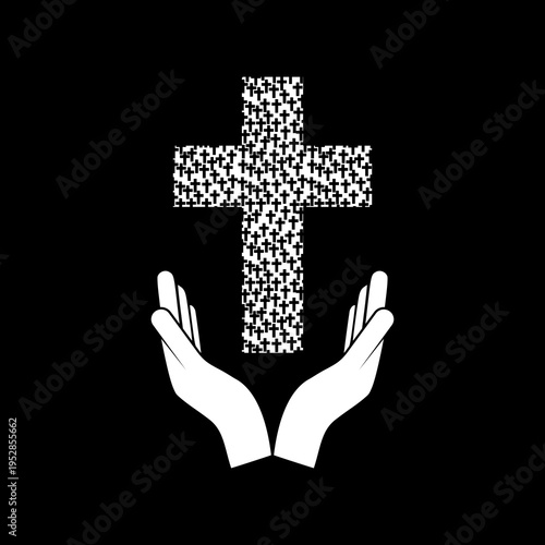 Christian Hands Praying with a Cross Symbol icon isolated on black background