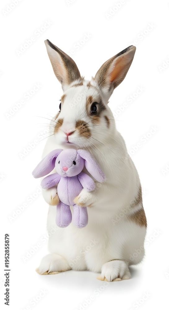 Fototapeta premium Adorable bunny holding a plush toy, standing on a white background, studio shot.