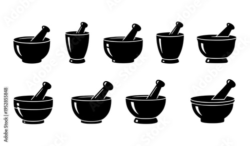 Mortar and pestle silhouette vector set with kitchen tool icons in solid black flat style isolated on white