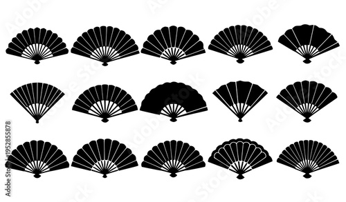 Handheld folding fan silhouette vector set with elegant black shapes in flat style isolated on white